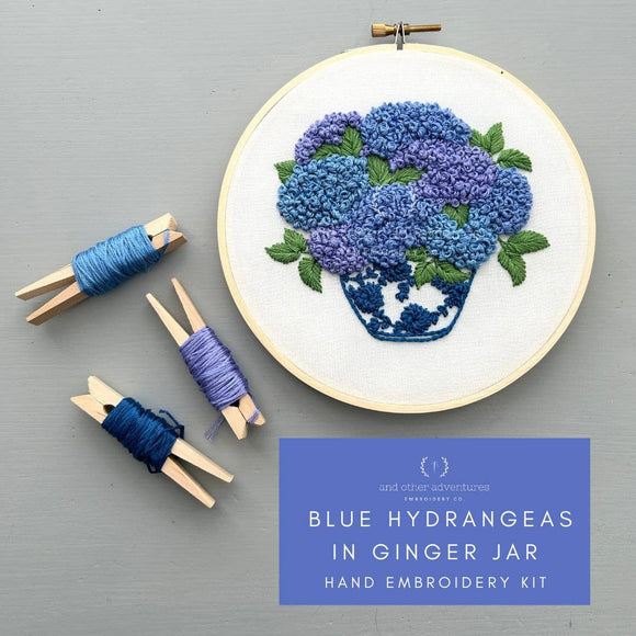 And Other Adventures Embroidery Co - Hand Embroidery Kit - Blue Hydrangeas in Ginger Jar